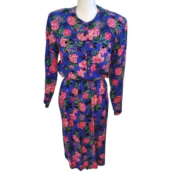 Vintage 80s Blouson Floral Longsleeve Secretary Dress Pockets‎ Blue Sz Small - Picture 1 of 8